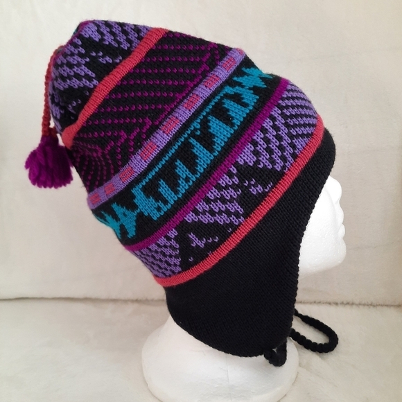 Vintage 90s Y2K Smiley 100% multi-color wool knit fleece lined winter ski hat